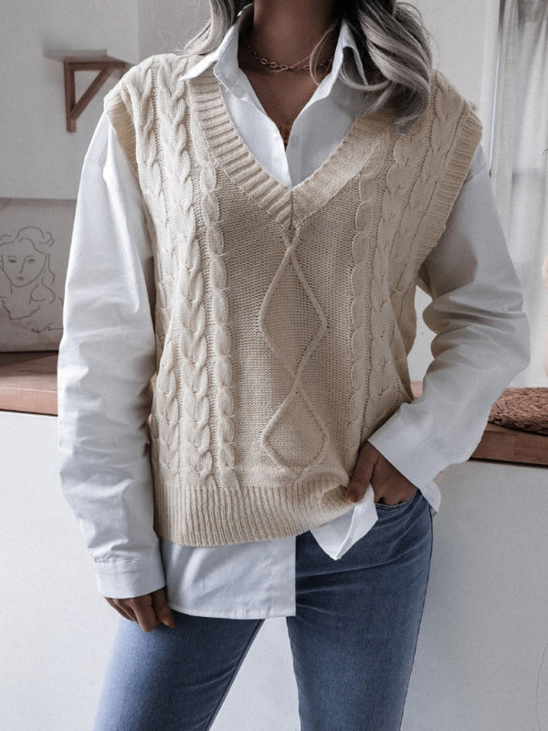 Sweater Vests- Rhombus Cable Knitted Vest - V Neck Sweater- - Pekosa Women Clothing