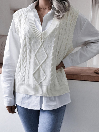 Sweater Vests- Rhombus Cable Knitted Vest - V Neck Sweater- - Pekosa Women Clothing