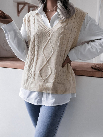 Sweater Vests- Rhombus Cable Knitted Vest - V Neck Sweater- khaki- Pekosa Women Clothing