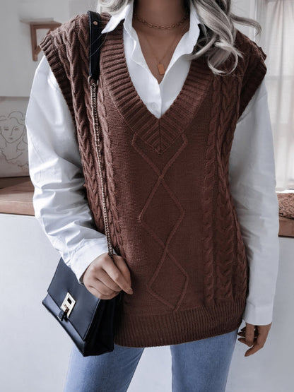 Sweater Vests- Rhombus Cable Knitted Vest - V Neck Sweater- - Pekosa Women Clothing