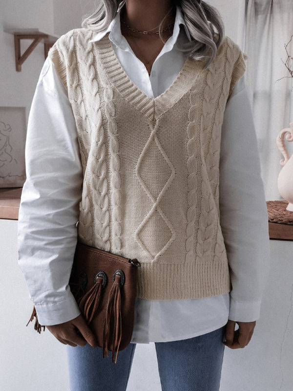 Sweater Vests- Rhombus Cable Knitted Vest - V Neck Sweater- - Pekosa Women Clothing