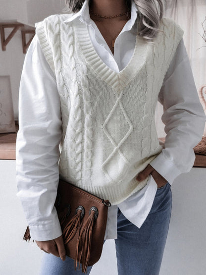 Sweater Vests- Rhombus Cable Knitted Vest - V Neck Sweater- - Pekosa Women Clothing