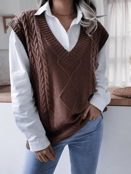 Sweater Vests- Rhombus Cable Knitted Vest - V Neck Sweater- Coffee- Pekosa Women Clothing