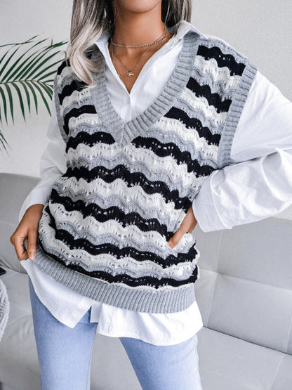 Sweater Vests- Stripe Knit V Neck Ves - Knitwear Sweater- Grey- Pekosa Women Clothing