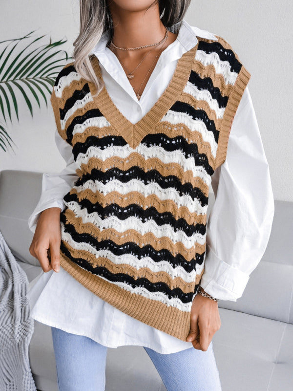 Sweater Vests- Stripe Knit V Neck Ves - Knitwear Sweater- - Pekosa Women Clothing