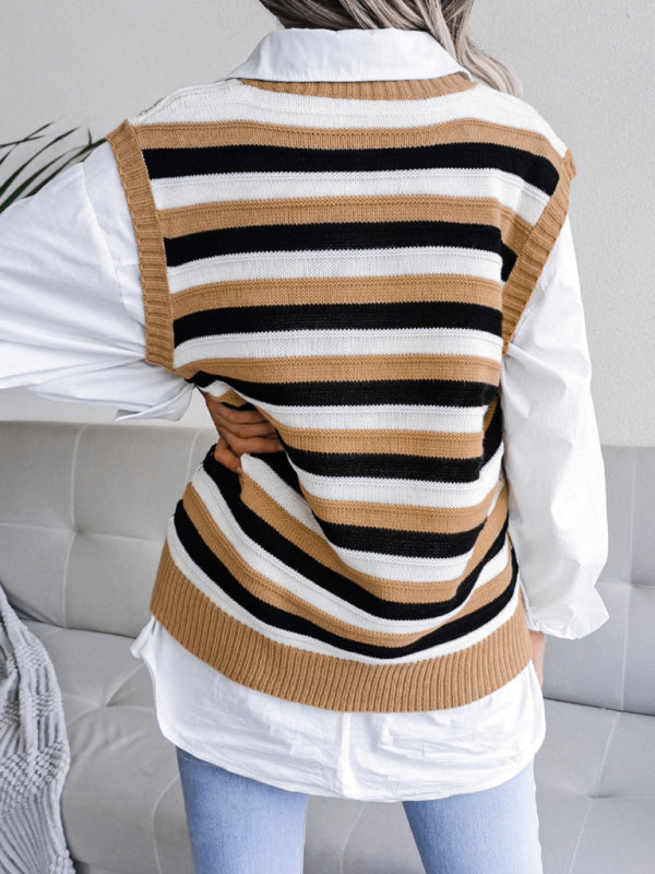 Sweater Vests- Stripe Knit V Neck Ves - Knitwear Sweater- - Pekosa Women Clothing