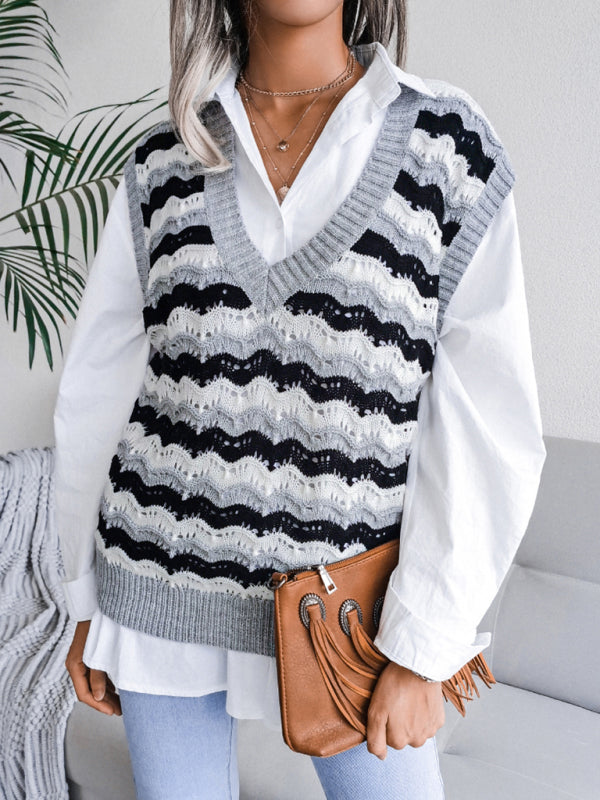 Sweater Vests- Stripe Knit V Neck Ves - Knitwear Sweater- - Pekosa Women Clothing