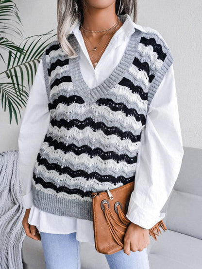 Sweater Vests- Stripe Knit V Neck Ves - Knitwear Sweater- - Pekosa Women Clothing