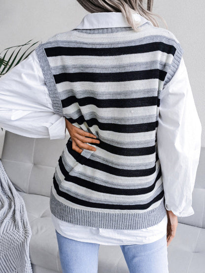 Sweater Vests- Stripe Knit V Neck Ves - Knitwear Sweater- - Pekosa Women Clothing