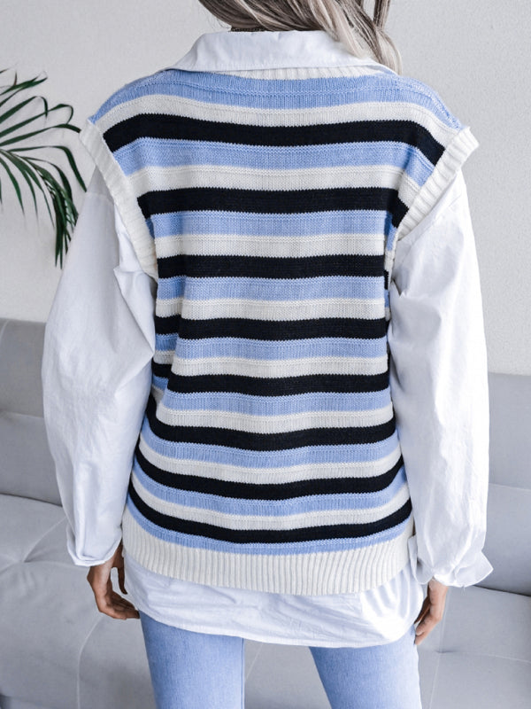 Sweater Vests- Stripe Knit V Neck Ves - Knitwear Sweater- - Pekosa Women Clothing