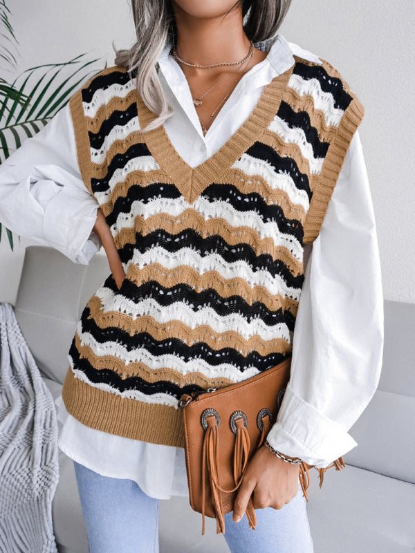 Sweater Vests- Stripe Knit V Neck Ves - Knitwear Sweater- - Pekosa Women Clothing