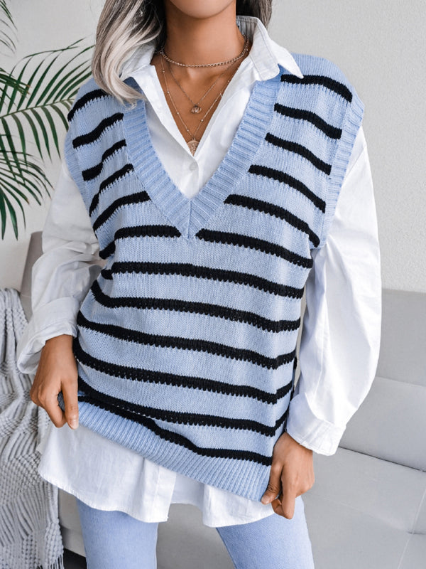 Sweater Vests- Stripe Knit V Neck Vest - Fall-Winter Sweater- - Pekosa Women Clothing