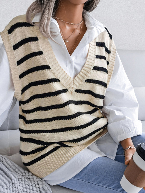 Sweater Vests- Stripe Knit V Neck Vest - Fall-Winter Sweater- khaki- Pekosa Women Clothing