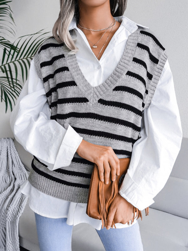 Sweater Vests- Stripe Knit V Neck Vest - Fall-Winter Sweater- - Pekosa Women Clothing