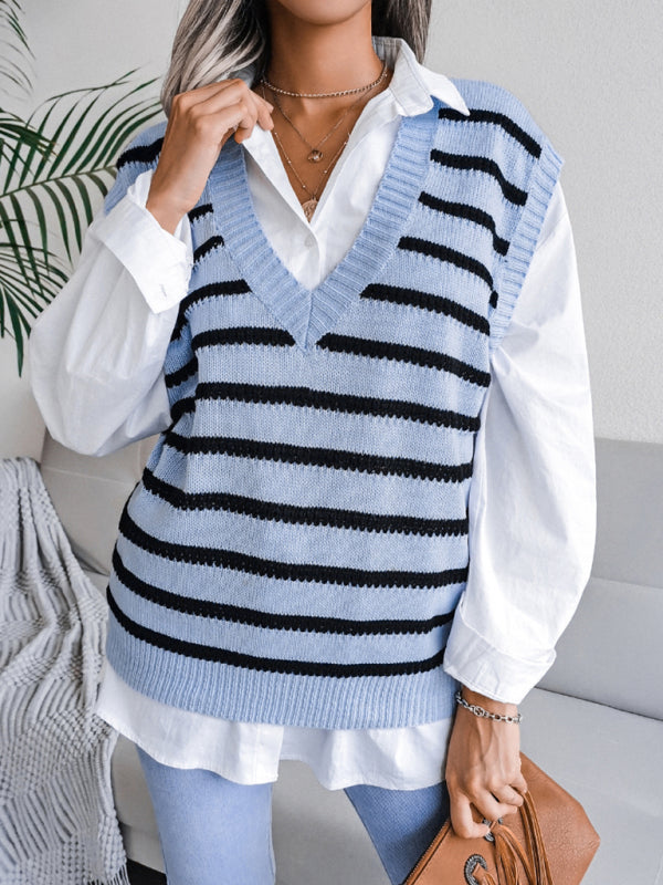 Sweater Vests- Stripe Knit V Neck Vest - Fall-Winter Sweater- - Pekosa Women Clothing