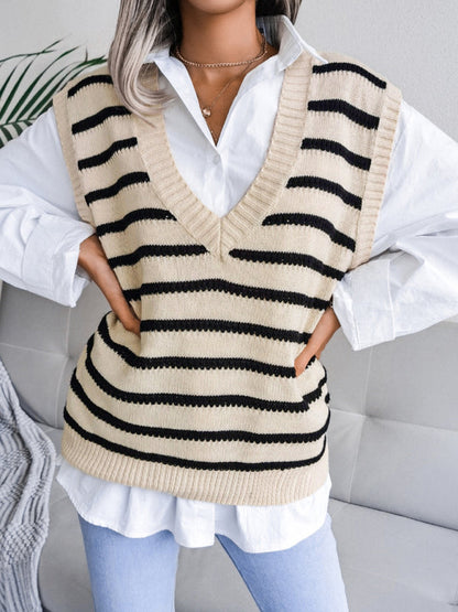 Sweater Vests- Stripe Knit V Neck Vest - Fall-Winter Sweater- - Pekosa Women Clothing