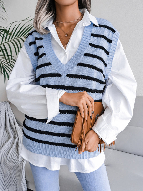 Sweater Vests- Stripe Knit V Neck Vest - Fall-Winter Sweater- - Pekosa Women Clothing