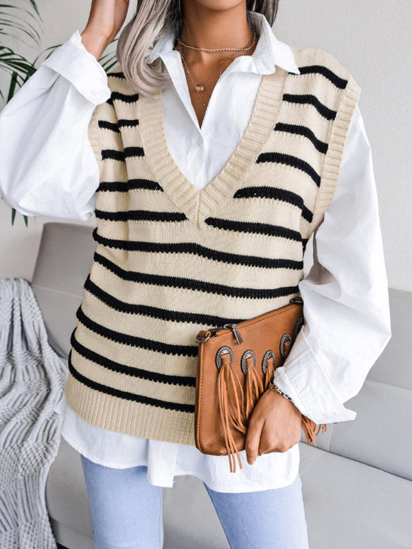 Sweater Vests- Stripe Knit V Neck Vest - Fall-Winter Sweater- - Pekosa Women Clothing