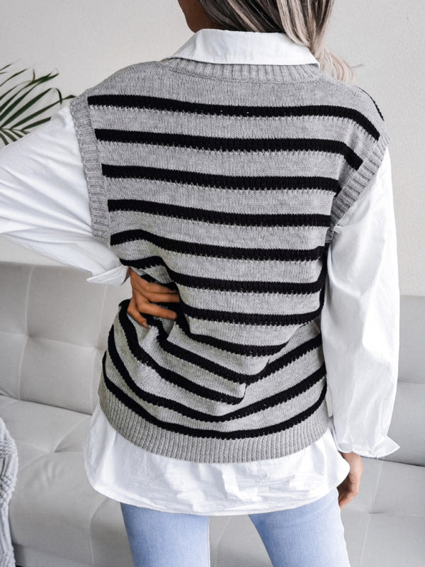 Sweater Vests- Stripe Knit V Neck Vest - Fall-Winter Sweater- - Pekosa Women Clothing