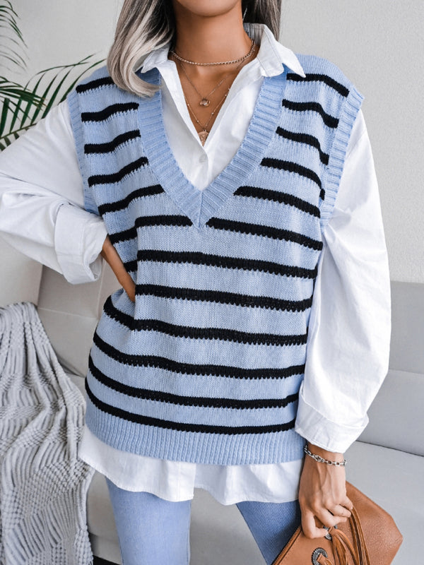 Sweater Vests- Stripe Knit V Neck Vest - Fall-Winter Sweater- Blue- Pekosa Women Clothing