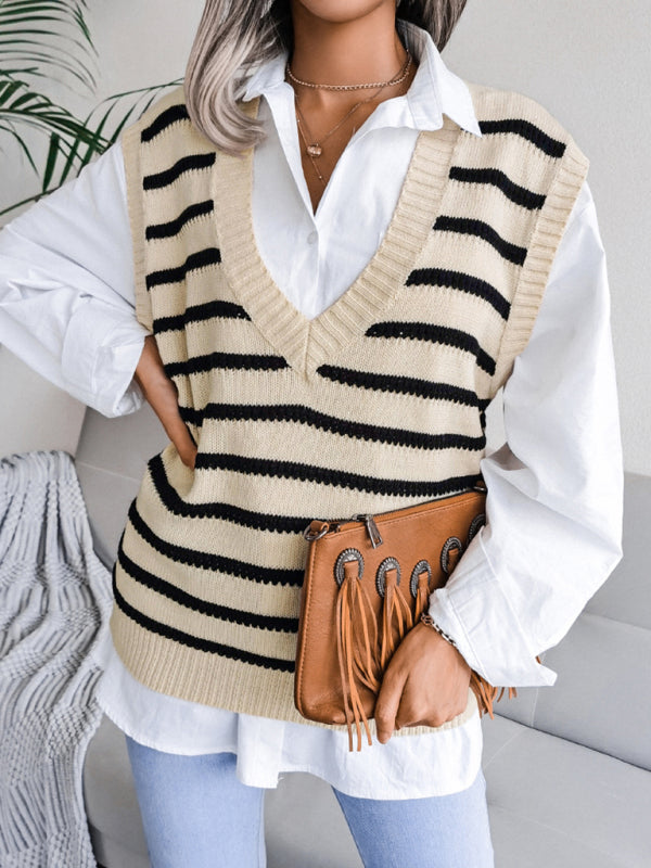 Sweater Vests- Stripe Knit V Neck Vest - Fall-Winter Sweater- - Pekosa Women Clothing