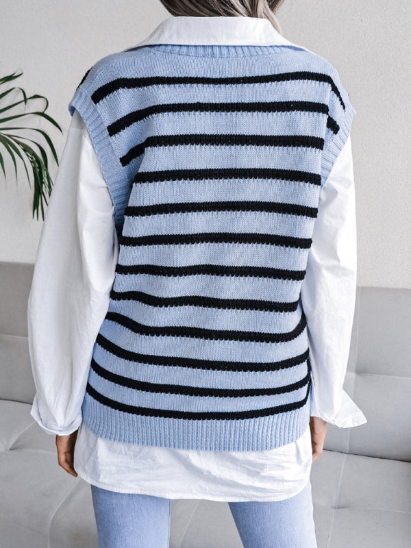 Sweater Vests- Stripe Knit V Neck Vest - Fall-Winter Sweater- - Pekosa Women Clothing