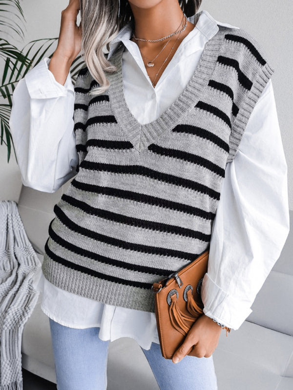 Sweater Vests- Stripe Knit V Neck Vest - Fall-Winter Sweater- - Pekosa Women Clothing