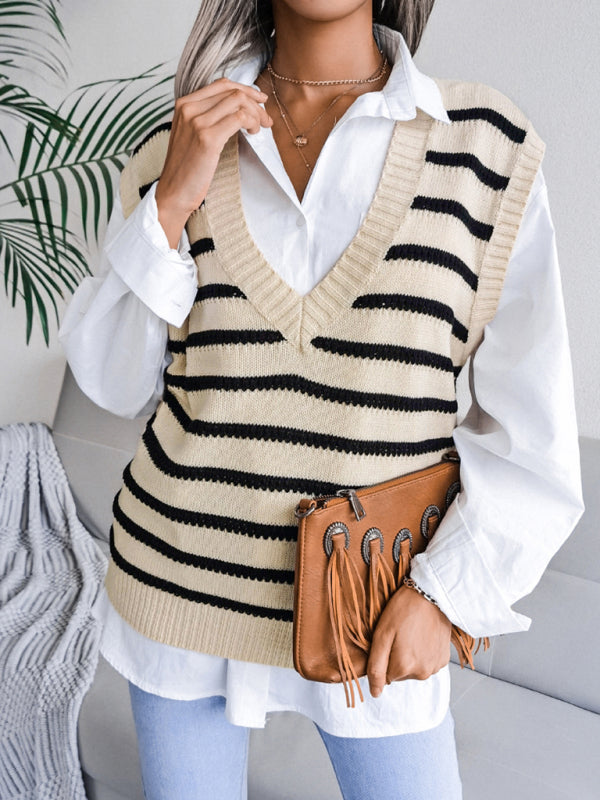 Sweater Vests- Stripe Knit V Neck Vest - Fall-Winter Sweater- - Pekosa Women Clothing