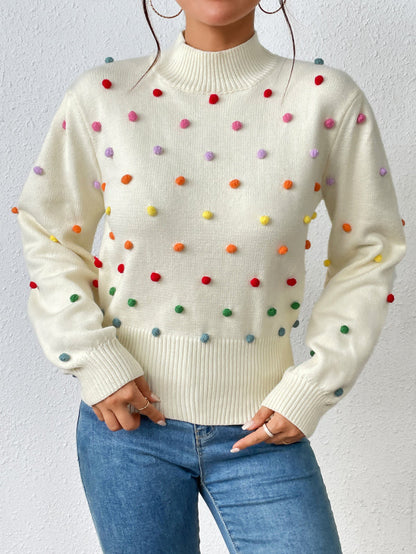 Sweater- Women's Rainbow Pom Pom Sweater - Fashionable Knitwear Pullover- Cracker khaki- Pekosa Women Clothing