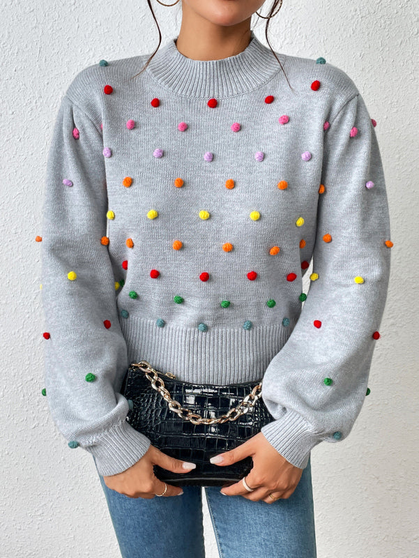Sweater- Women's Rainbow Pom Pom Sweater - Fashionable Knitwear Pullover- Grey- Pekosa Women Clothing