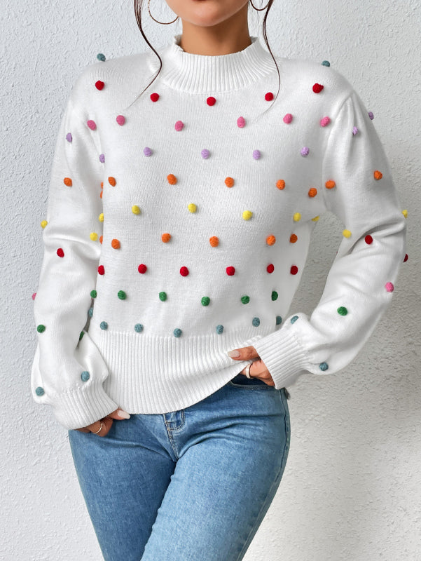 Sweater- Women's Rainbow Pom Pom Sweater - Fashionable Knitwear Pullover- White- Pekosa Women Clothing