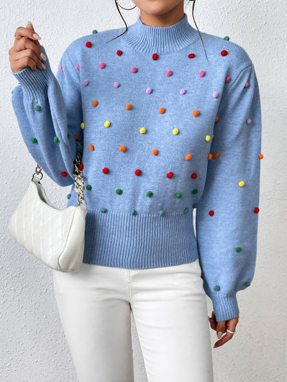 Sweater- Women's Rainbow Pom Pom Sweater - Fashionable Knitwear Pullover- Blue- Pekosa Women Clothing