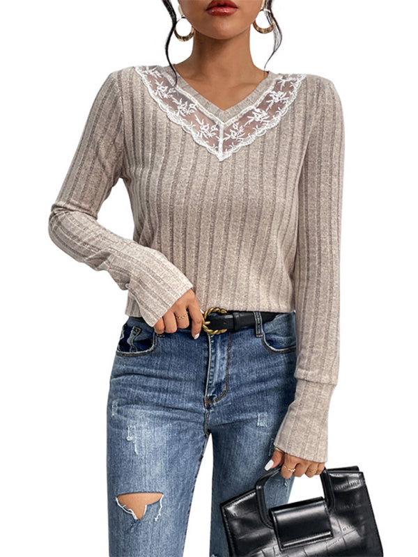 Sweaters- Autumn Elegance: Lace V-Neck Sweater Top- - Pekosa Women Clothing