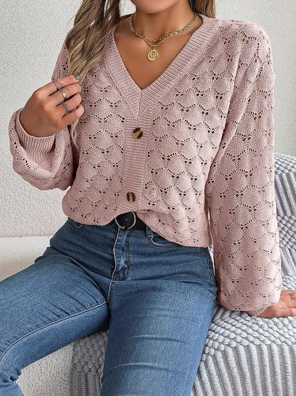 Sweaters- Autumn Open Knitting V-Neck Sweater with Buttons- Pink- Pekosa Women Clothing