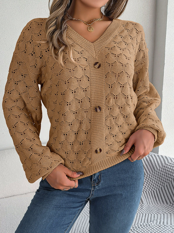 Sweaters- Autumn Open Knitting V-Neck Sweater with Buttons- - Pekosa Women Clothing