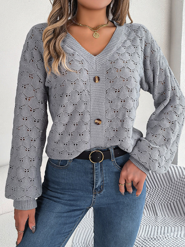 Sweaters- Autumn Open Knitting V-Neck Sweater with Buttons- - Pekosa Women Clothing