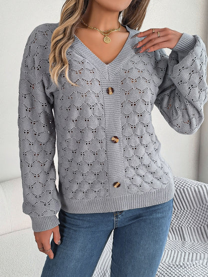 Sweaters- Autumn Open Knitting V-Neck Sweater with Buttons- Grey- Pekosa Women Clothing