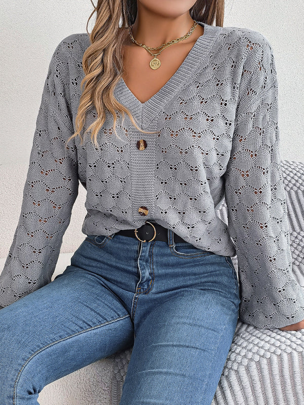 Sweaters- Autumn Open Knitting V-Neck Sweater with Buttons- - Pekosa Women Clothing