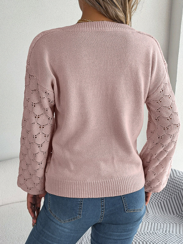 Sweaters- Autumn Open Knitting V-Neck Sweater with Buttons- - Pekosa Women Clothing