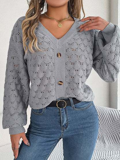 Sweaters- Autumn Open Knitting V-Neck Sweater with Buttons- - Pekosa Women Clothing