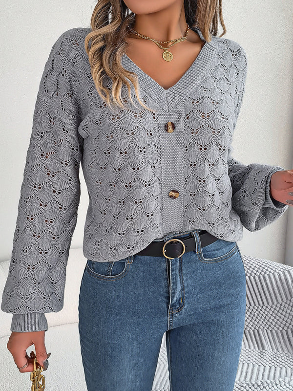 Sweaters- Autumn Open Knitting V-Neck Sweater with Buttons- - Pekosa Women Clothing