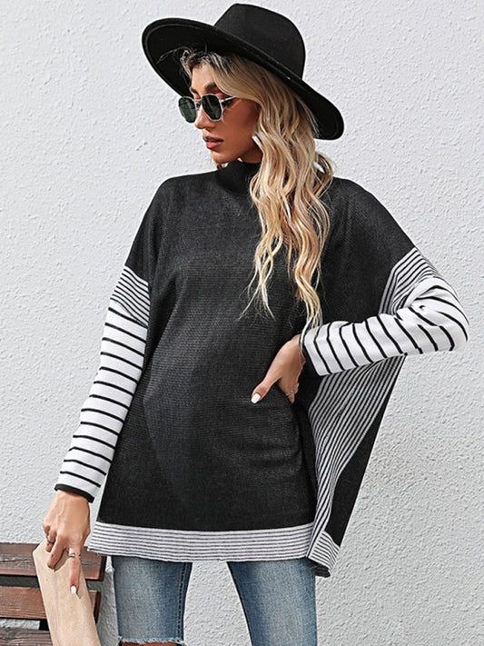 Sweaters- Autumn Patchwork Stripe Loose High Neck Sweater Top- Black- Pekosa Women Clothing