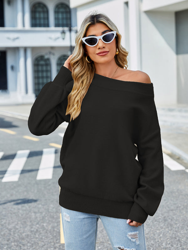 Sweaters- Autumn Slouchy Knit Sweater Off The Shoulder Jumper- Black- Pekosa Women Clothing