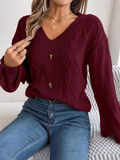 Sweaters- Autumn V-Neck Cable Knit Sweater with Delicate Button Accents- Wine Red- Pekosa Women Clothing