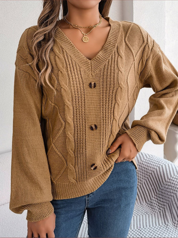 Sweaters- Autumn V-Neck Cable Knit Sweater with Delicate Button Accents- - Pekosa Women Clothing