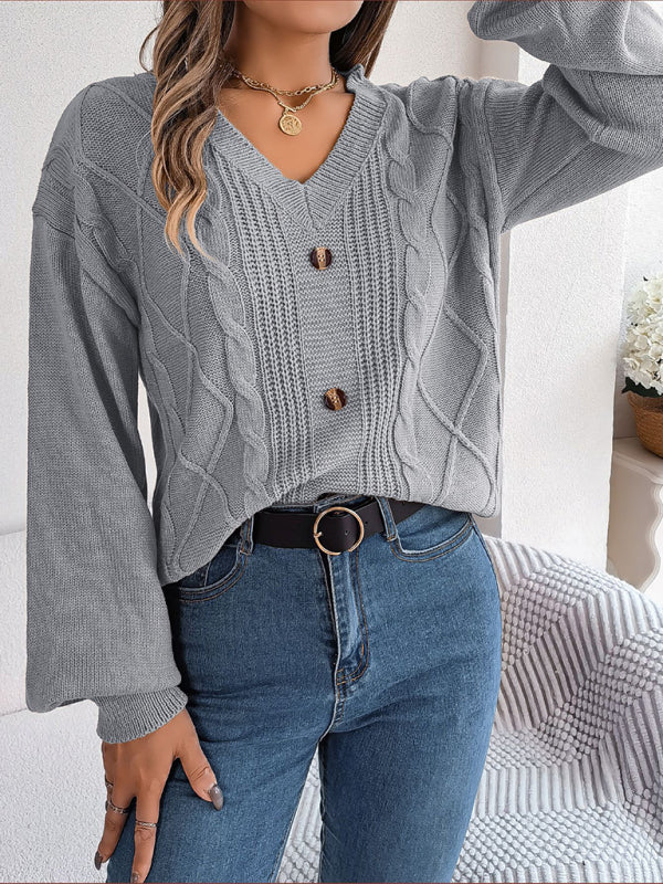 Sweaters- Autumn V-Neck Cable Knit Sweater with Delicate Button Accents- - Pekosa Women Clothing