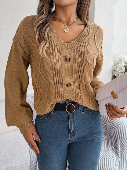 Sweaters- Autumn V-Neck Cable Knit Sweater with Delicate Button Accents- Khaki- Pekosa Women Clothing