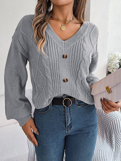 Sweaters- Autumn V-Neck Cable Knit Sweater with Delicate Button Accents- - Pekosa Women Clothing