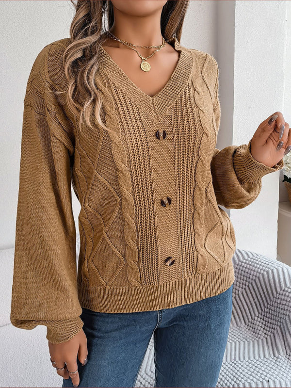 Sweaters- Autumn V-Neck Cable Knit Sweater with Delicate Button Accents- - Pekosa Women Clothing