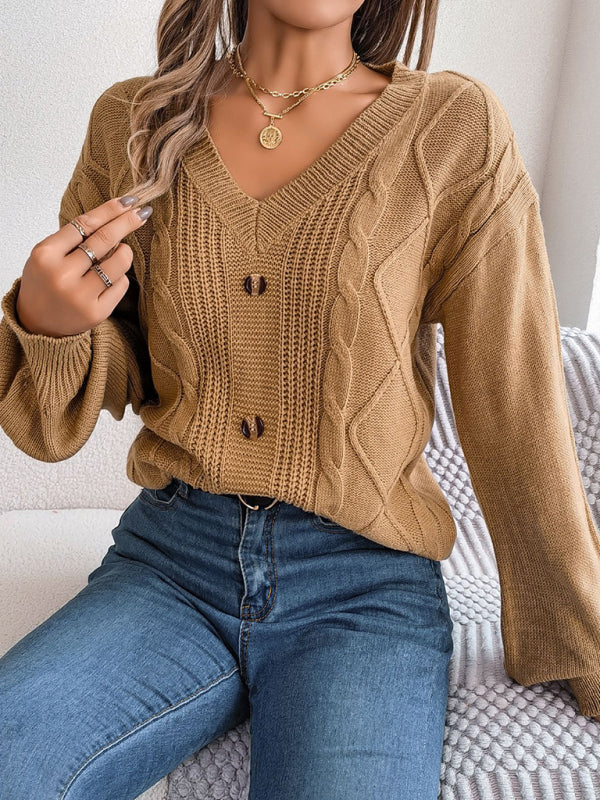 Sweaters- Autumn V-Neck Cable Knit Sweater with Delicate Button Accents- - Pekosa Women Clothing